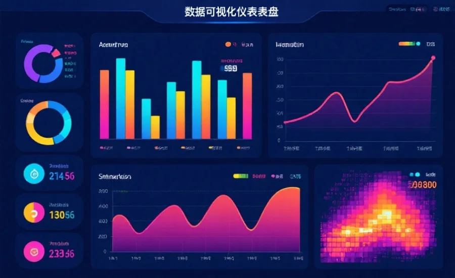 一张数据可视化仪表盘,显示柱状图、折线图和数字分布热力图,色彩丰富,数据一目了然